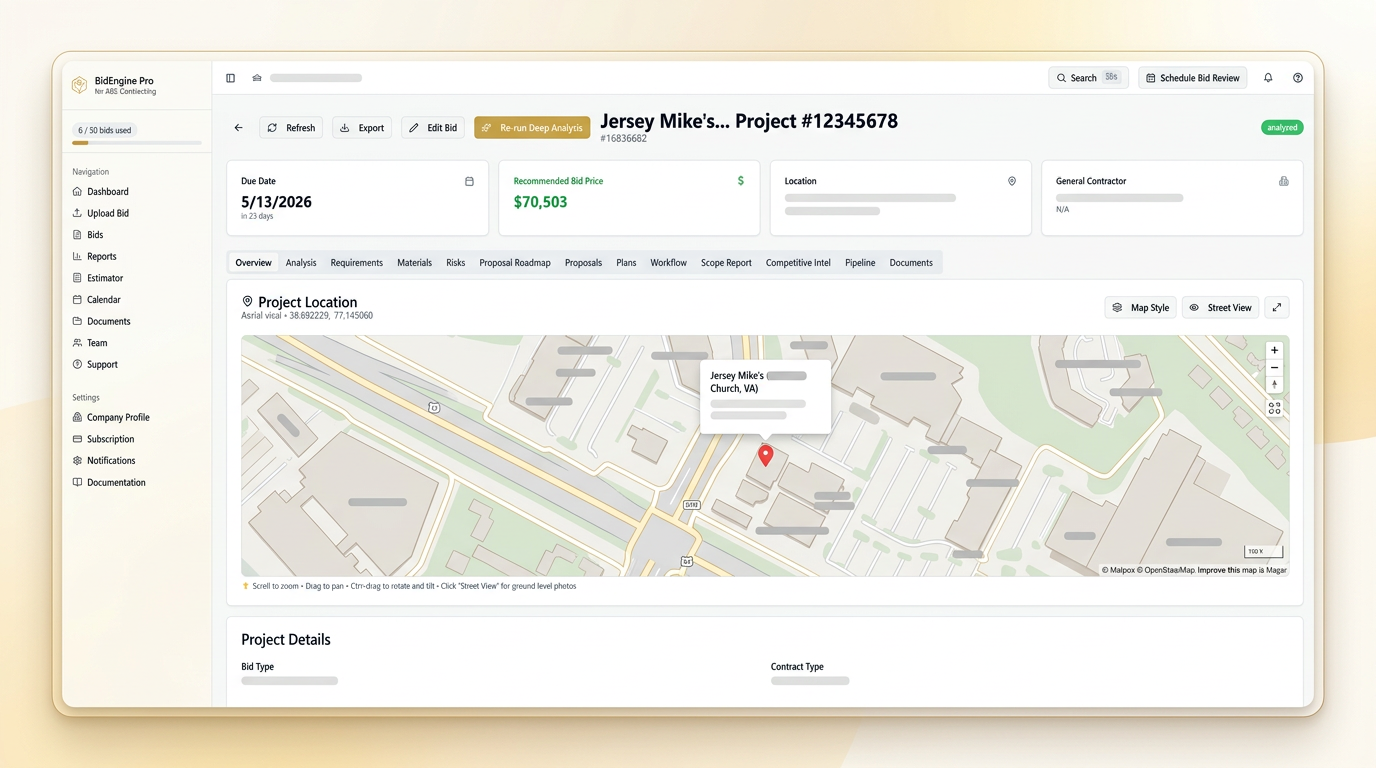 Client portal project detail view with due date, recommended bid price, and project location map